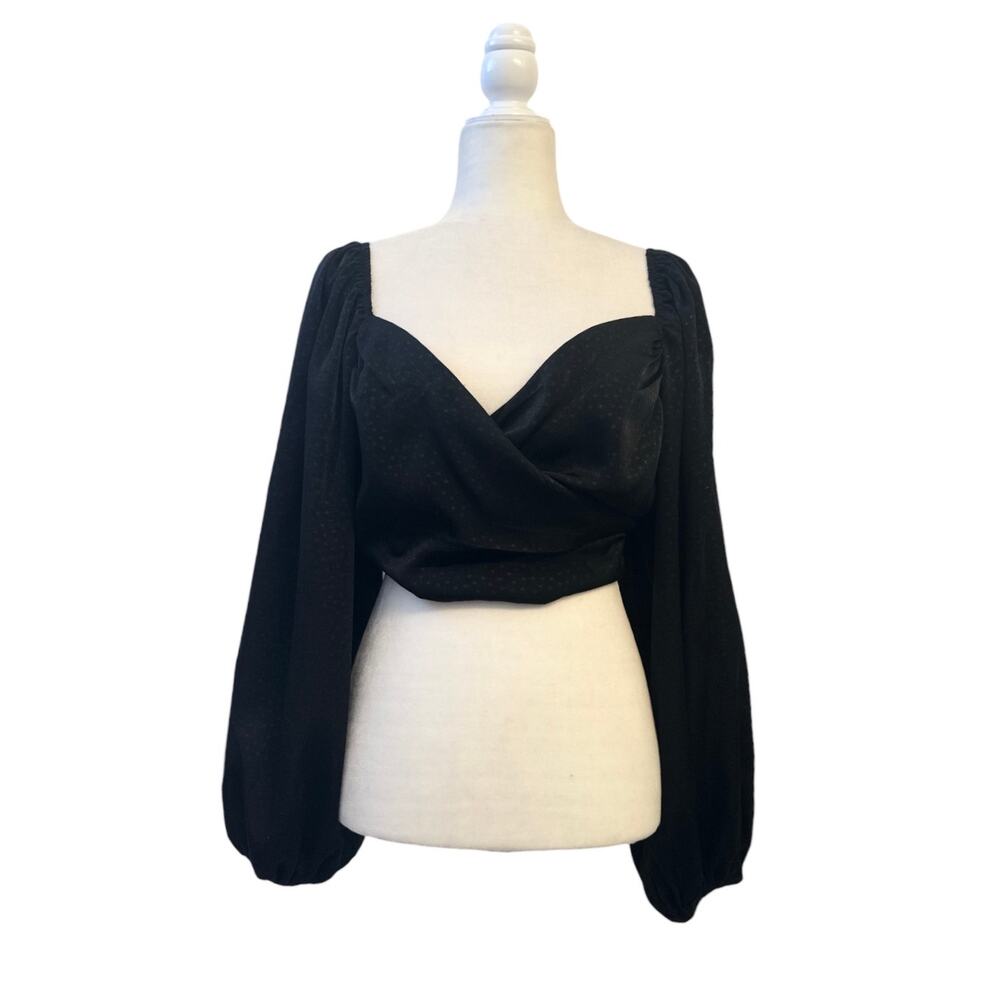 Fiestar Womens Silky Black Balloon Sleeve Cropped Blouse Size Small